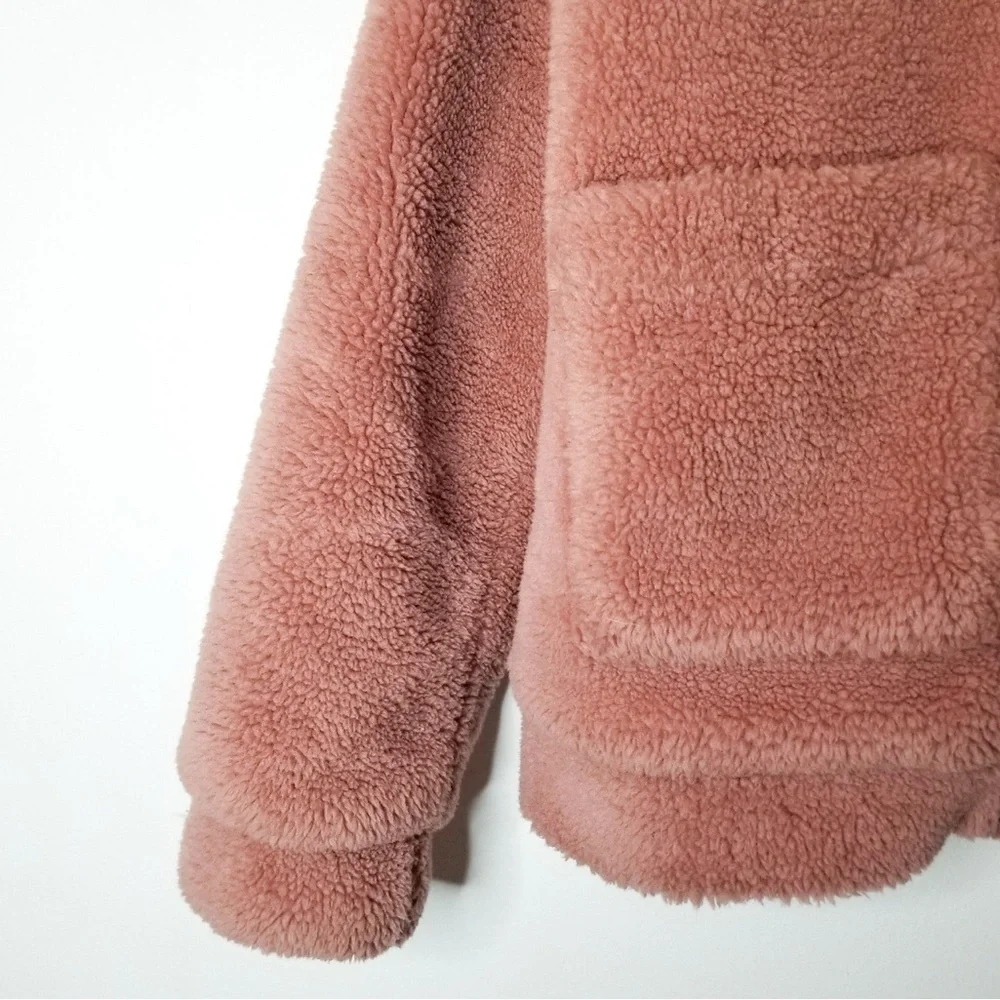 Anthropologie Elodie Pink Teddy Faux Fur Sherpa Shearling Jacket w/ Pockets - Picture 7 of 9